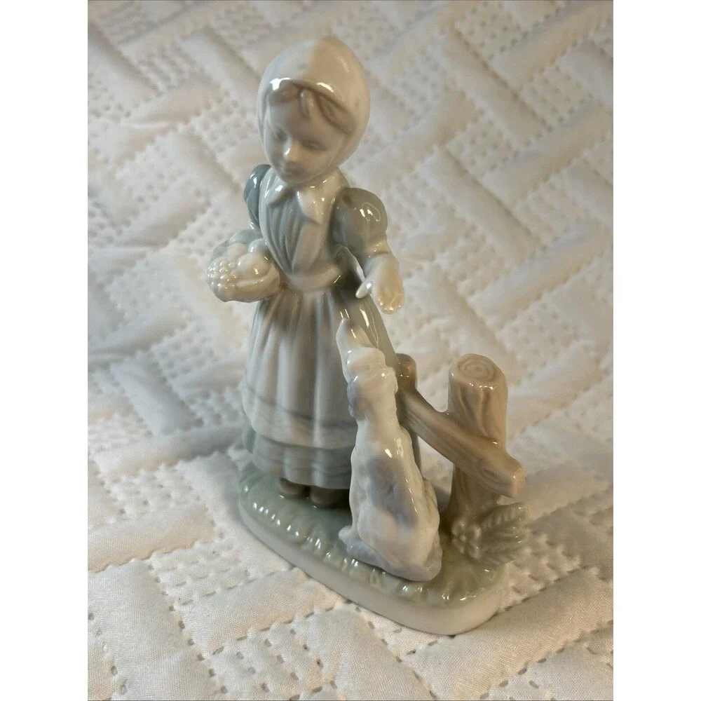 Vintage Porcelain Japan  Blue and White Dutch Girl with Dog Figurine Decor